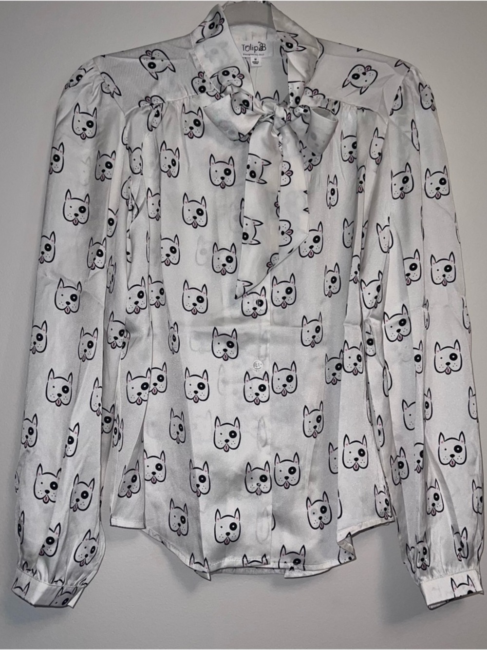 Tulip B Dog Print Bow Tie Neck Blouse in Ivory French Bulldog Frenchie